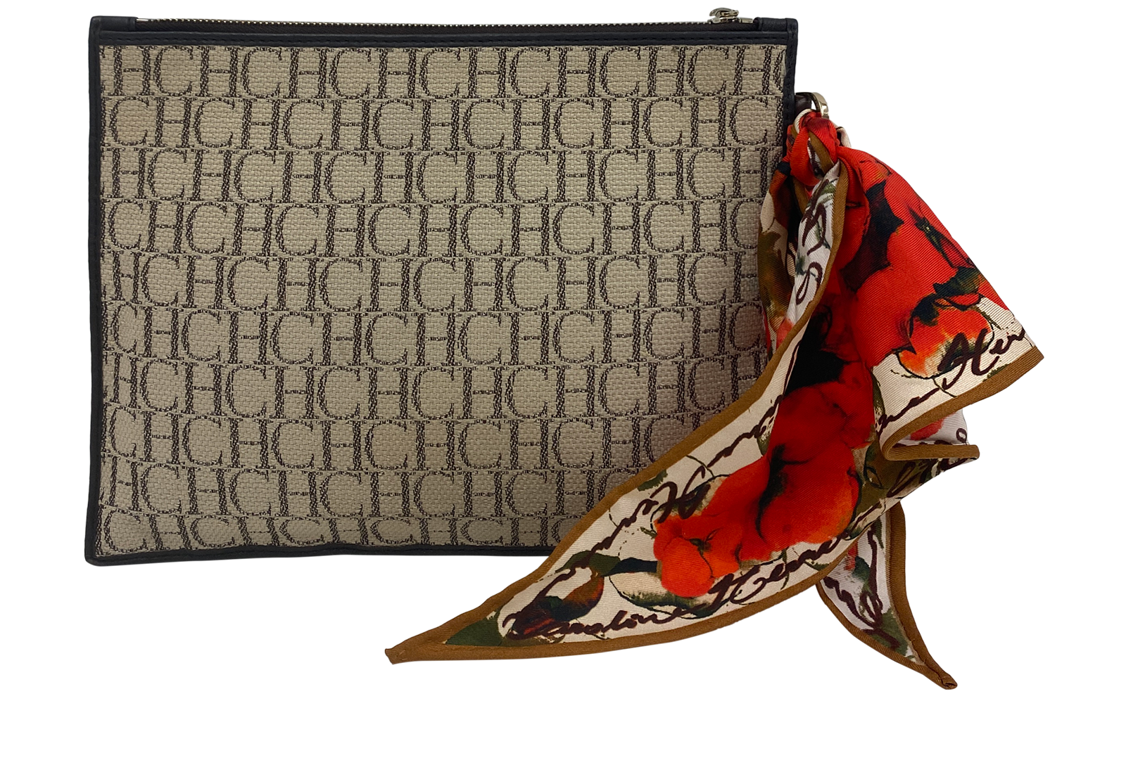 Sobre Pochette con Pañuelo, 198€, Bolso, Beige/Marrón, Lona - General, Vista frontal