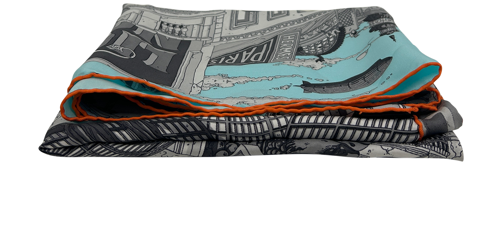 Hermes Pañuelo Grand Prix DuFaubourg, 450&euro;, Accesorios, Azul/Blanco/Gris, Seda - General, Otros tipos de vista