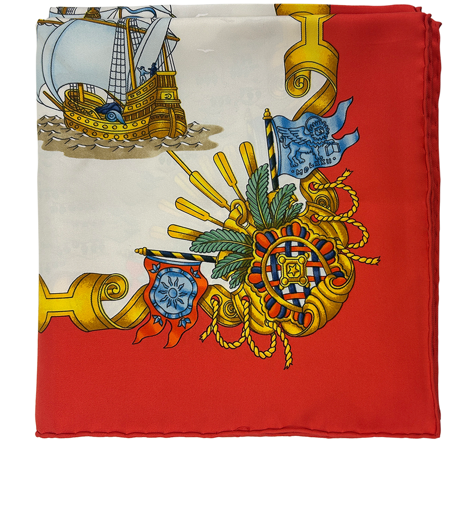 Hermes Pañuelo, 340&euro;, Accesorios, Azul/Blanco/Naranja, Seda - General, Vista trasera