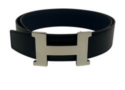 Hermes Cinturon 130, Piel, Negro/Azul, Heb. Plata, DB, BOX, 4*